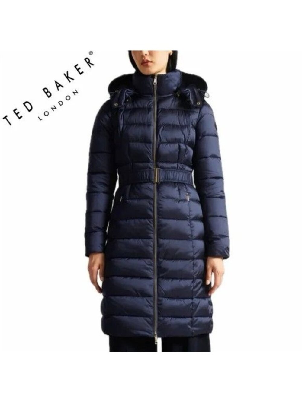 Ted Baker Aliciee Quilted Navy Belted Coat - Size 0/2 US - New with Tags - Picture 2 of 13